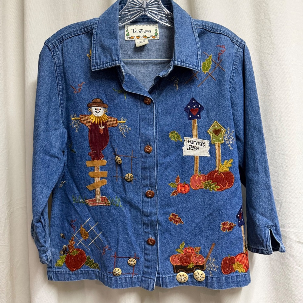TanTrums Vintage Fall Harvest Embroidered Denim Shirt Scarecrow Pumpkin PM